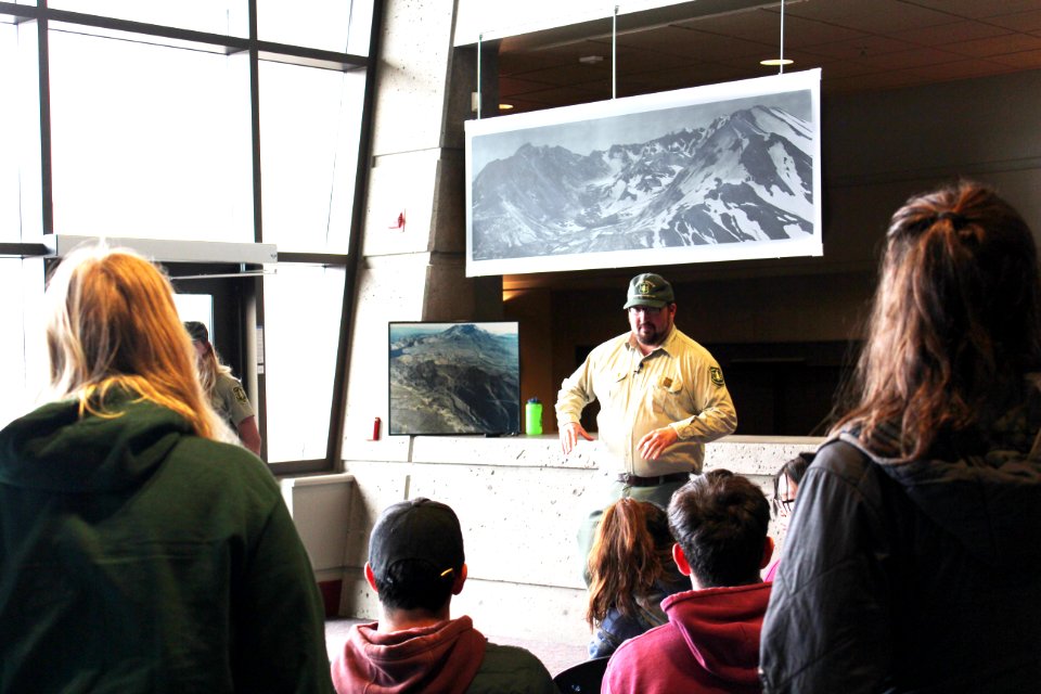 Rangers at Johnston Ridge Observatory presenting the 1980's volcanic eruption of Mount St. Helens