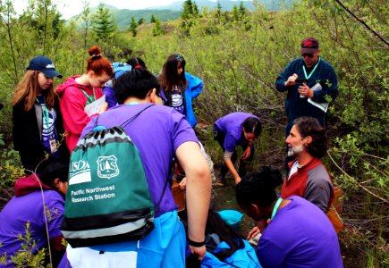 U.S. Forest Service Researcher Chrales Cristafulli presenting the aquatic creatures of the ponds at Mount St. Helens photo