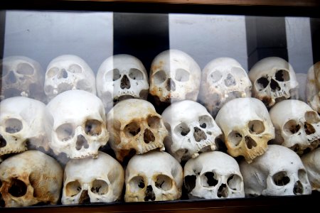 Cambodia.  Phnom Penh. Choeung Ek Genocidal Centre.  The inside of the shrine showing skulls and other bone remains.
