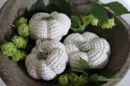 Crocheted pumpkin old wooden scoop autumn
