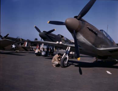 P-51 (Mustang) fighter planes being prepared for test flight at the field of North American Aviation, Inc., plant in Inglewood, Calif.
