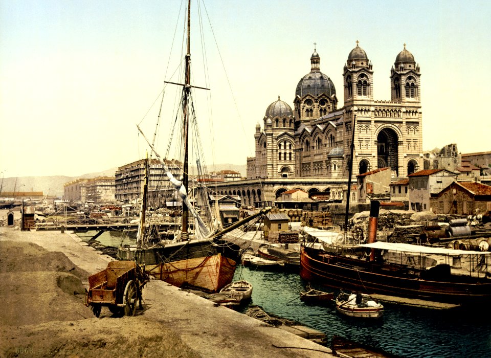 Cathedral and Quay de la Joliette, Marseille, France, ca. 1895