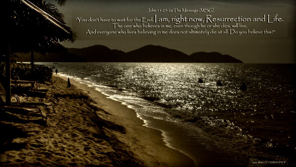 “You don’t have to wait for the End. I am, right now, Resurrection and Life. The one who believes in me, even though he or she dies, will live. And everyone who lives believing in me does not ultimately die at all. Do you believe this?”