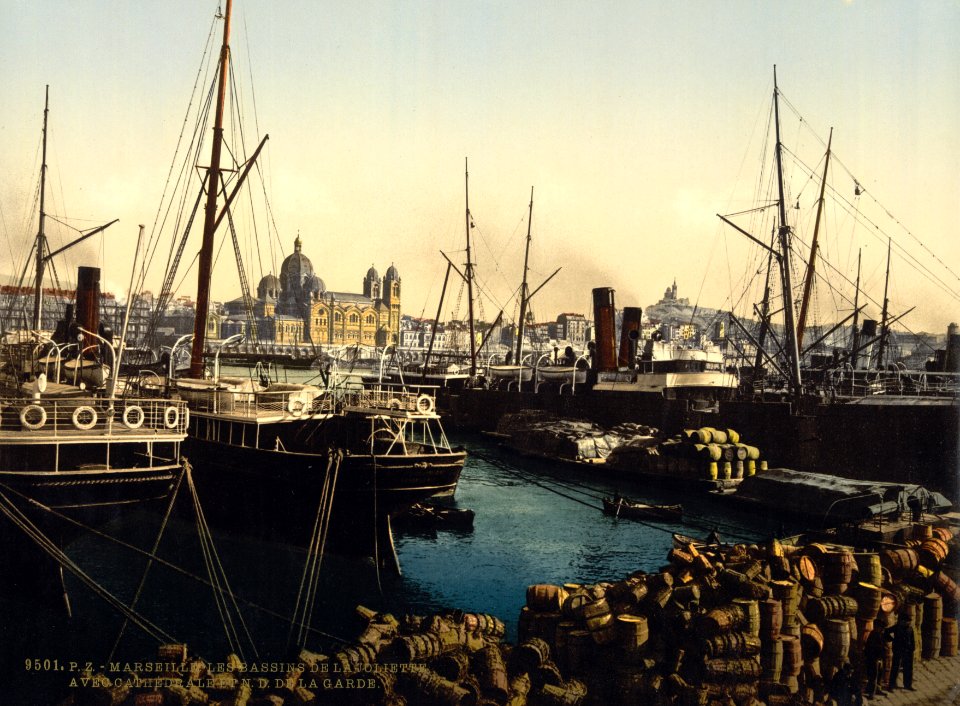 Old Port of Marseille with Cathedral and Notre Dame de la Garde, France, ca. 1895.