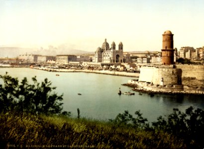 Lighthouse and cathedral, Marseille, France, ca. 1895.