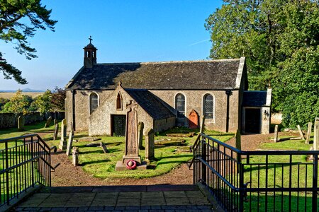 Graveyard church building gravestones