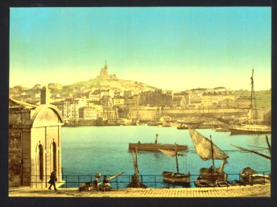 View of Notre Dame de la Garde and harbor, Marseilles, France