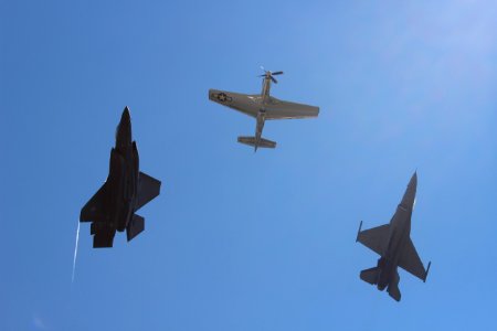 F-35, P-51, F-16 Military Airplanes (left to right)
