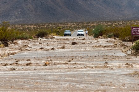 Visitors wait in a safe place for water and debris from flooding to recede, 8/26/15 (near North Entrance)