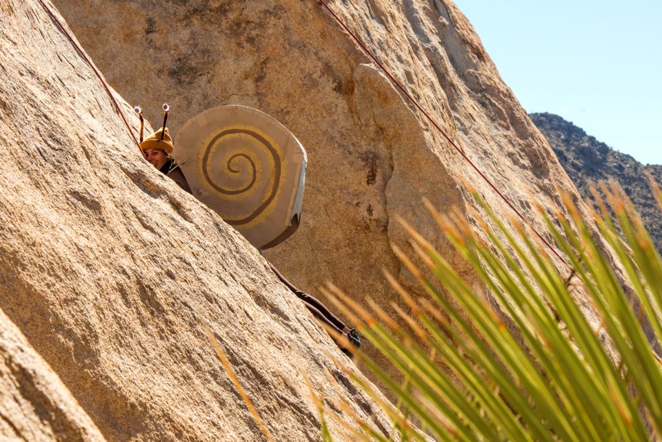 Halloween in Joshua Tree National Park. Climber in Snail Costume