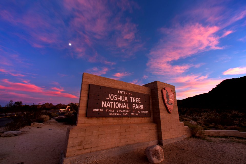 Joshua Tree National Park West Entrance Sign at Sunset