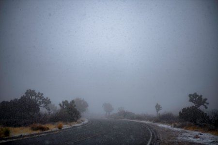 Snow falling over the road to Keys View