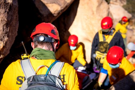 Joshua Tree Search and Rescue team members training in patient care photo