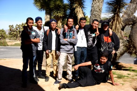 Students pose in front of Joshua Tree