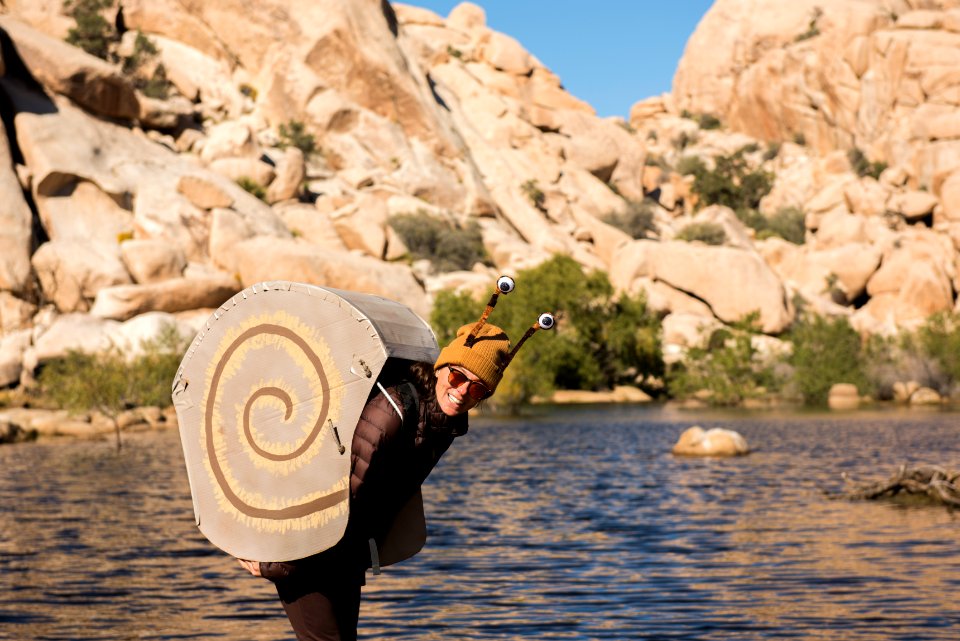 Halloween in Joshua Tree National Park. Climber in Snail Costume