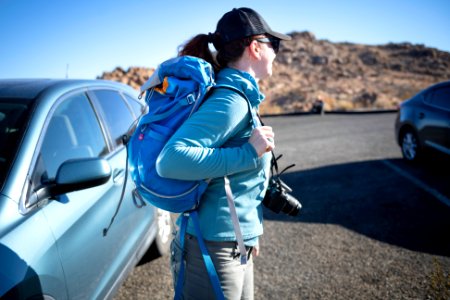 Woman preparing to hike photo