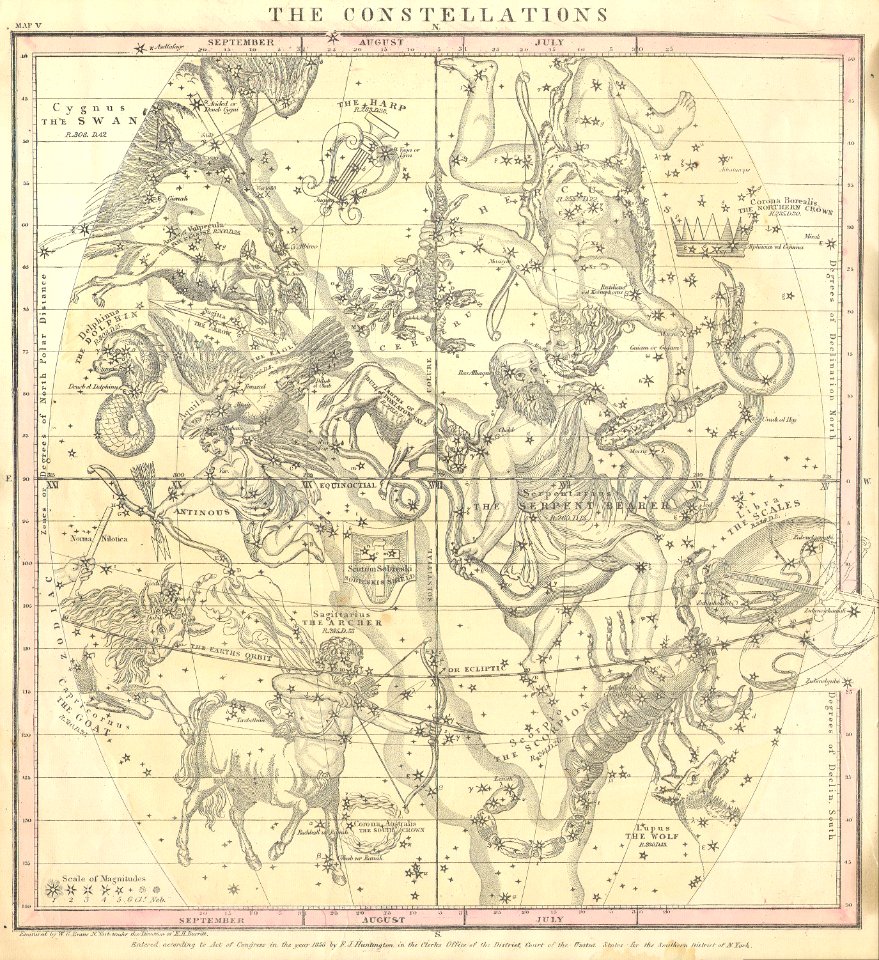 1856 Burritt - Huntington Map of the Constellations or Stars in July, August ^ September - Geographicus - JulAugSep-burritt-1856