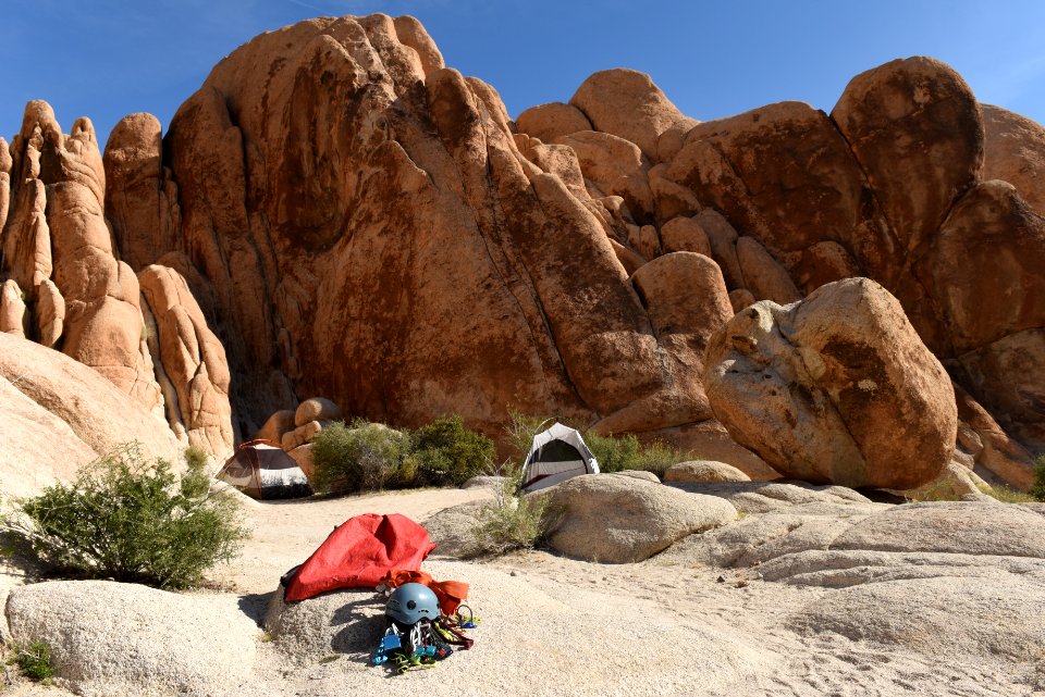 Campsite and climbing gear at Indian Cove Campground