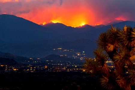 Fire and smoke from the June 2015 Lake Fire above Yucca Valley as viewed from Covington Flats