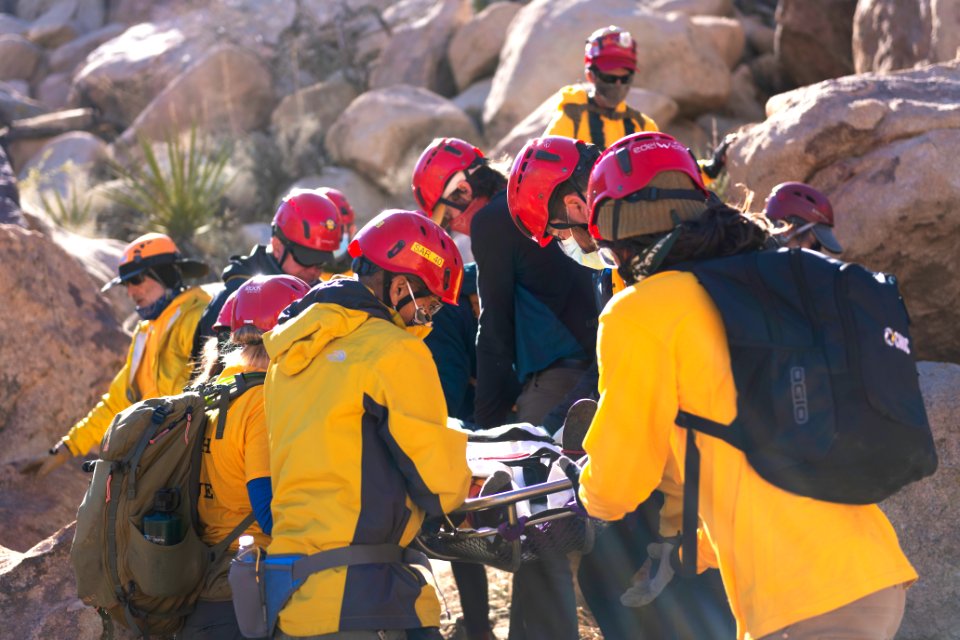 Joshua Tree Search and Rescue team members training carrying a litter