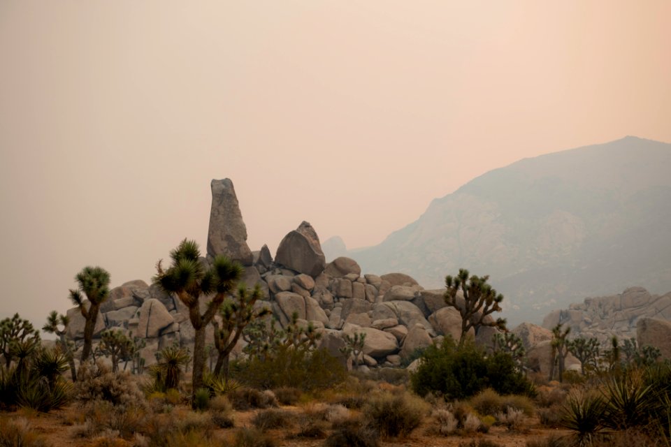 Tombstone Rock and Ryan Mountain obscured by wildfire smoke
