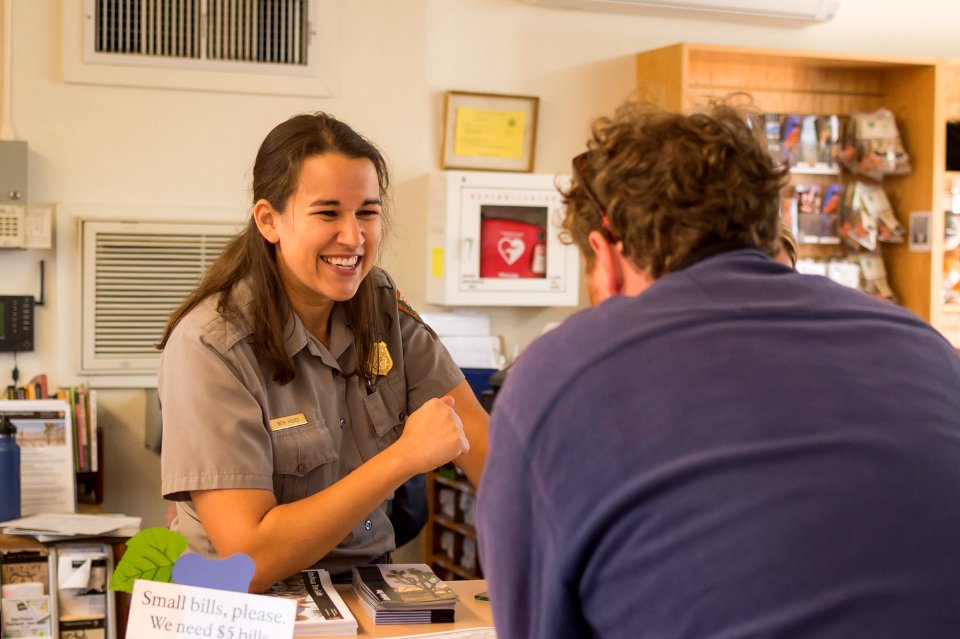 Ranger Beth Hudick Greets a Visitor at Cottonwood Visitor Center