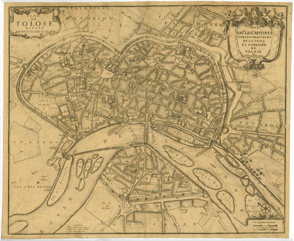1680 - Plan de Tolose divisé en huict capitoulats dédié à Mrs les Capitouls juges et directeurs de la ville et gardiage de Tolose par Mr. Jouvin de Rochefort, Trésorier de France.