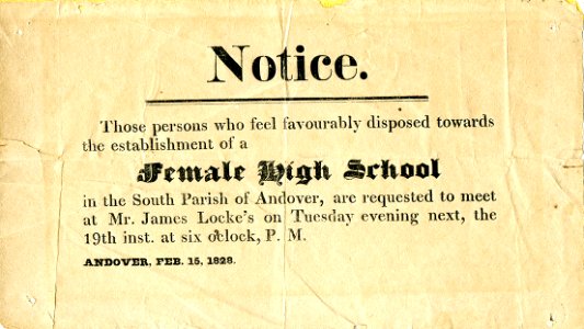 Notice, Female High School, Andover, 15 February 1828