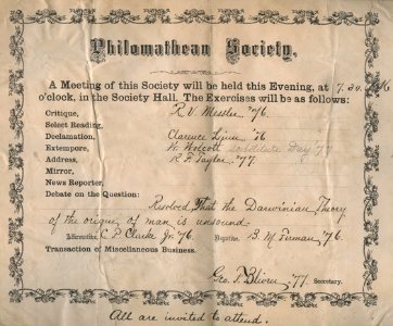 Philomathean Society meeting invitation in scrapbook of Remsen Varick Messler, class of 1876