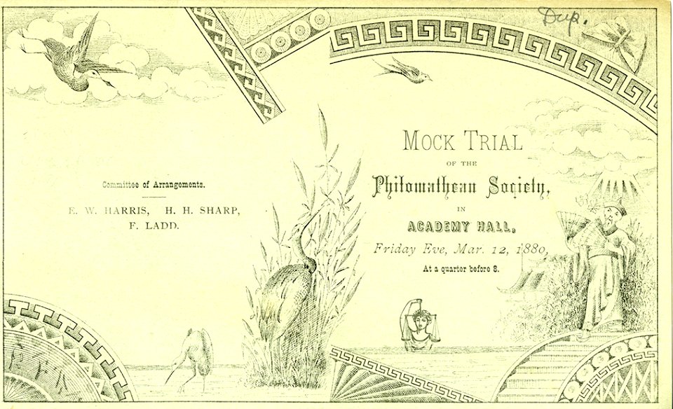 Mock Trial invitation, Philomathean Society, Phillips Academy, 1880
