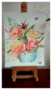 Premier essai de peinture à l aquarelle un bouquet de fleurs,selon Dufy. photo