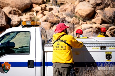 Joshua Tree Search and Rescue team members preparing for a training search
