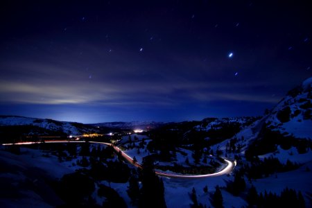 Startrails and car trails on Old Donner Pass photo