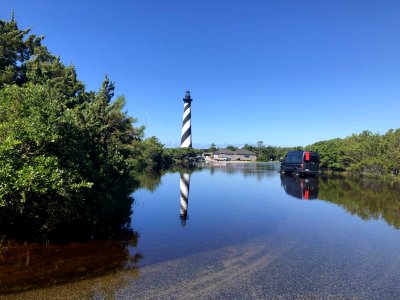 Cape Hatteras Lighthouse parking lot after significant rain event in June 2020