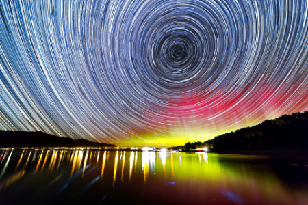 Star trails and Aurora over Lake Hawea, New Zealand