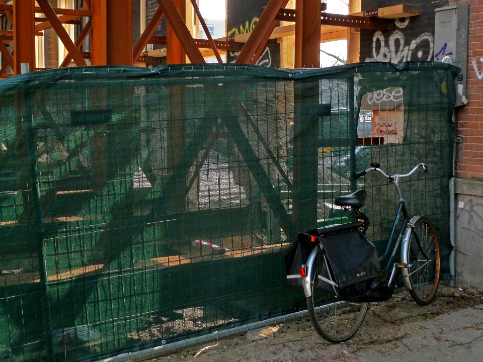 2015.04 - Amsterdam photo of construction site - A covered building site and strutted old brick facade at the Sarphatistraat; a geotagged free urban picture, in public domain / Commons CCO;  city photography by Fons Heijnsbroek, The Netherlands