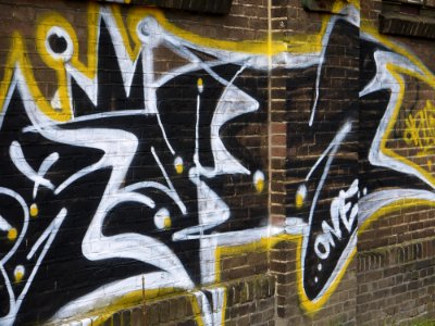 2016.04 - Amsterdam photo of a large graffiti tag on an old brick wall of the Jan van Gendt hallen, location Oostenburgereiland - geotagged free urban picture, in public domain / Commons; Dutch photography, Fons Heijnsbroek, The Netherlands photo