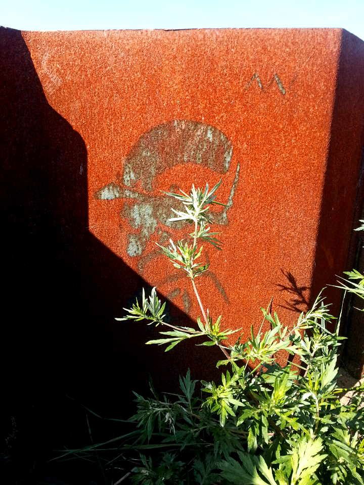2016.09 - Street-art photo of a 'Mysterious head' on a rusty pile sheeting element, at the North-border of the IJ water, Amsterdam - geotagged free urban photo, in public Commons domain; Dutch photography, Fons Heijnsbroek, The Netherlands