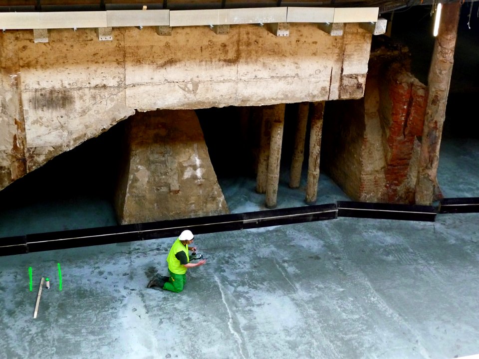 2012.08 - 'Concrete & old brick foundation under Central Station Amsterdam', urban photo of construction activities, Fons Heijnsbroek photo