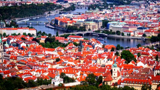 Famous Prague red roofs on the banks of river Vltava
