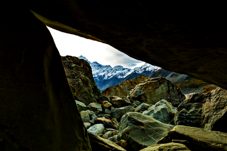 Aoraki/Mt Cook from between the boulders of Lake Hooker