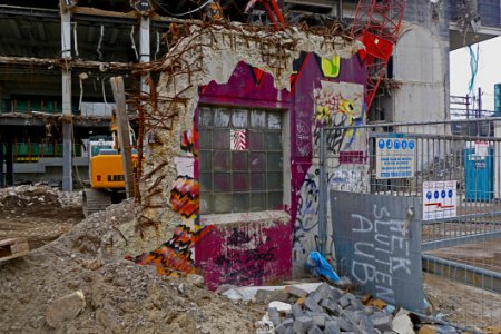 2011.02 - 'Photo of a construction site', the beginning demolition of the Head Post Office in Amsterdam city and tracks of old graffiti; Dutch urban photography, geotagged and in placed in the public domain; Fons Heijnsbroek - geotag, the Netherlands photo