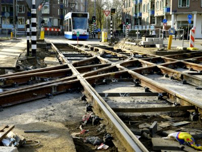 2014.03 - Amsterdam in photo, Repair works of tram tracks at the roundabout Weteringcircuit; a geotagged free urban picture, in public domain / Commons CCO; city photography by Fons Heijnsbroek, The Netherlands photo