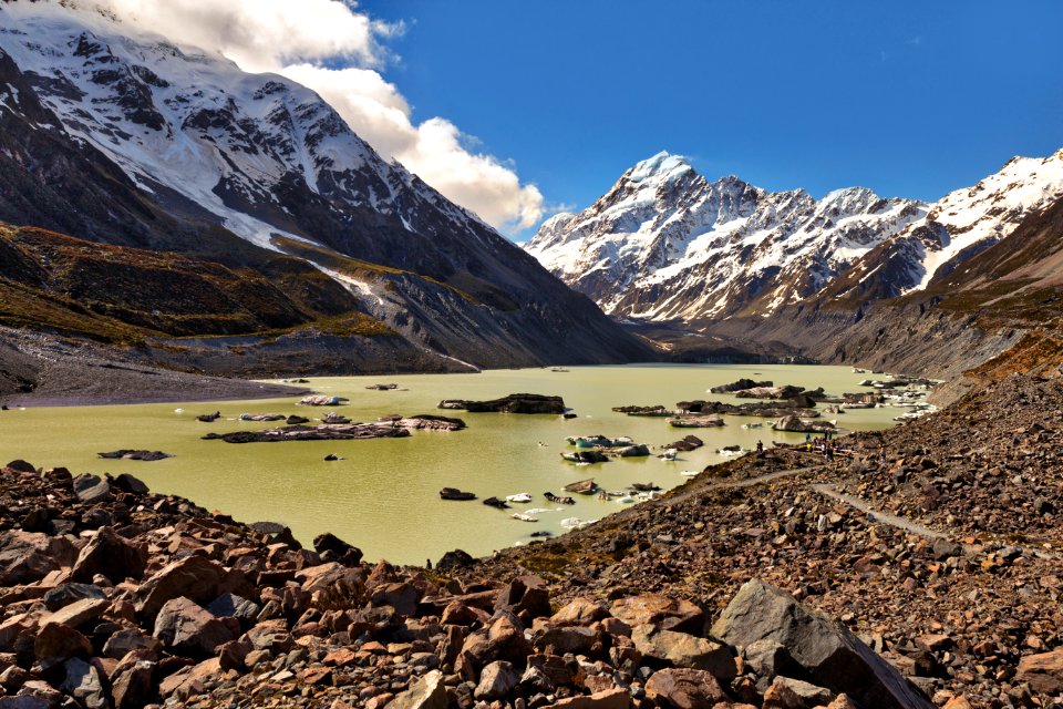 Lake Hooker, with the Hooker Glacier in the distance and Aoraki/Mt Cook towering above.