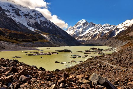 Lake Hooker, with the Hooker Glacier in the distance and Aoraki/Mt Cook towering above. photo