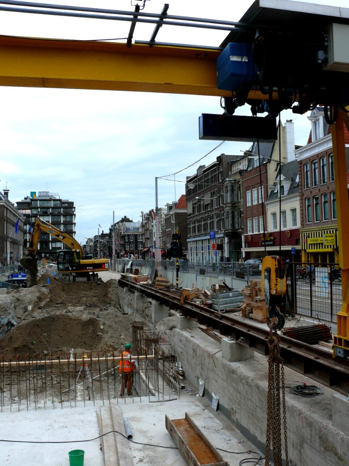 2007.08 - 'View over the long construction site of the new metro tunnel', under the city-center of Amsterdam, for the future Noord-Zuidlijn, location Vijzelgracht, old center; Dutch urban city photo + geotag, Fons Heijnsbroek, The Netherlands
