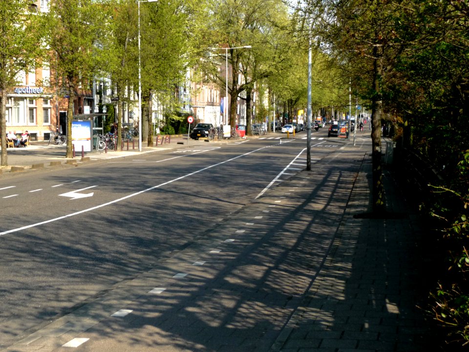 2013.04 - 'A street-view in the street Kattenburgergracht with a characteristic urban row of elm trees in blossom of Spring, on the border of the old city center of Amsterdam; urban photography, Fons Heijnsbroek