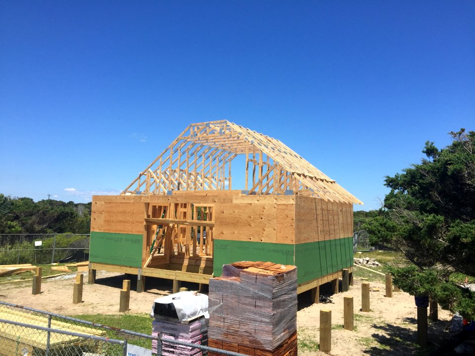 Roof trusses on new Ocracoke Beach Access restroom facility