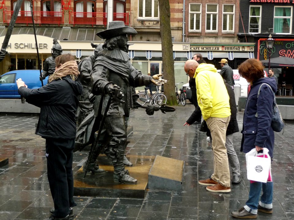 2015.04 - Amsterdam photo of outdoor art - The Nightwatch-painting of Rembrandt in a bronze sculpture group, at the square Rembrandtplein; a geotagged free urban picture, in public domain / Commons CCO; city photography by Fons Heijnsbroek, The Netherland