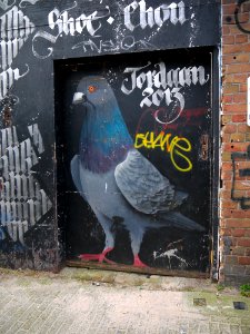 2016.03 - Amsterdam photo of urban art: a huge  pigeon in a wall-painting in the Jordaan district; geo-tagged free urban picture, in public domain / Commons; Dutch photography, Fons Heijnsbroek, The Netherlands